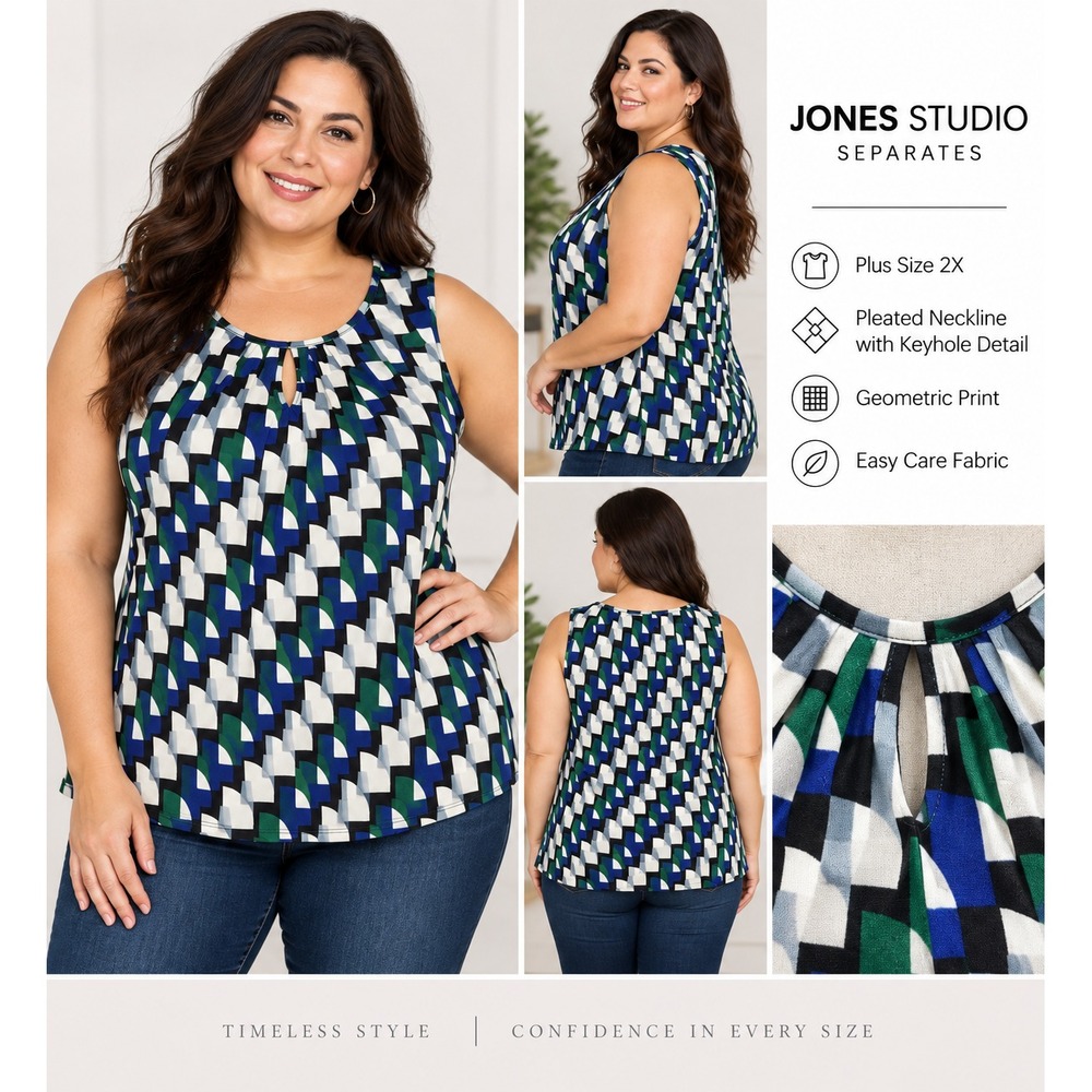 Jones Studio Separates Blouse Top Womens 2X Geometric Pleat Round Neck Tank SS